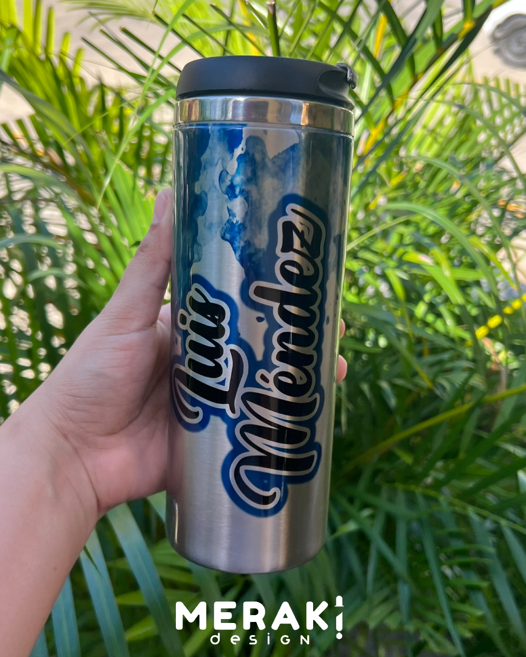 ✨ Termo Personalizado Silver con Acuarela Azul