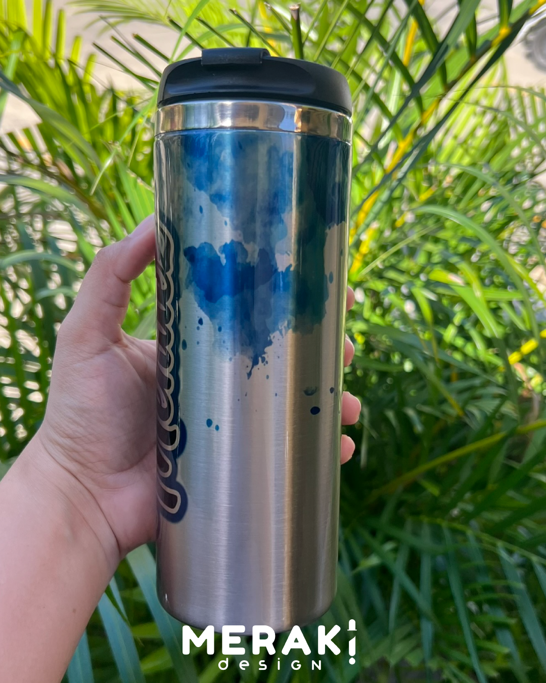 ✨ Termo Personalizado Silver con Acuarela Azul